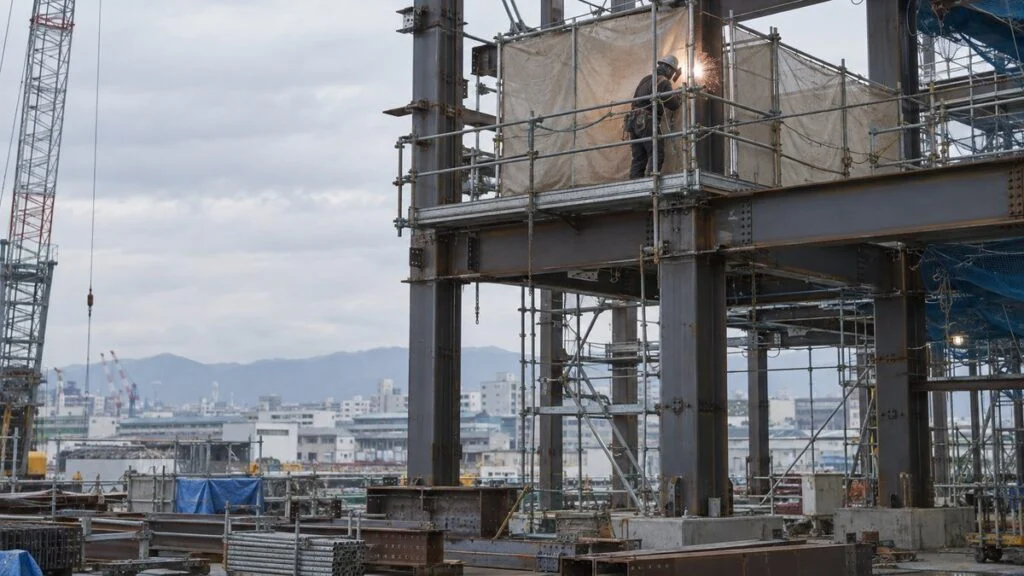 防風シートで囲った足場の上で鉄骨を溶接する作業者
