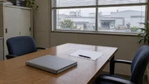 書類フォルダとペンが置かれた社内の相談室のテーブル