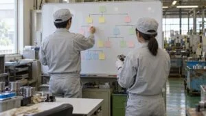 工場のホワイトボードに付箋を貼って原因を整理する作業者の後ろ姿