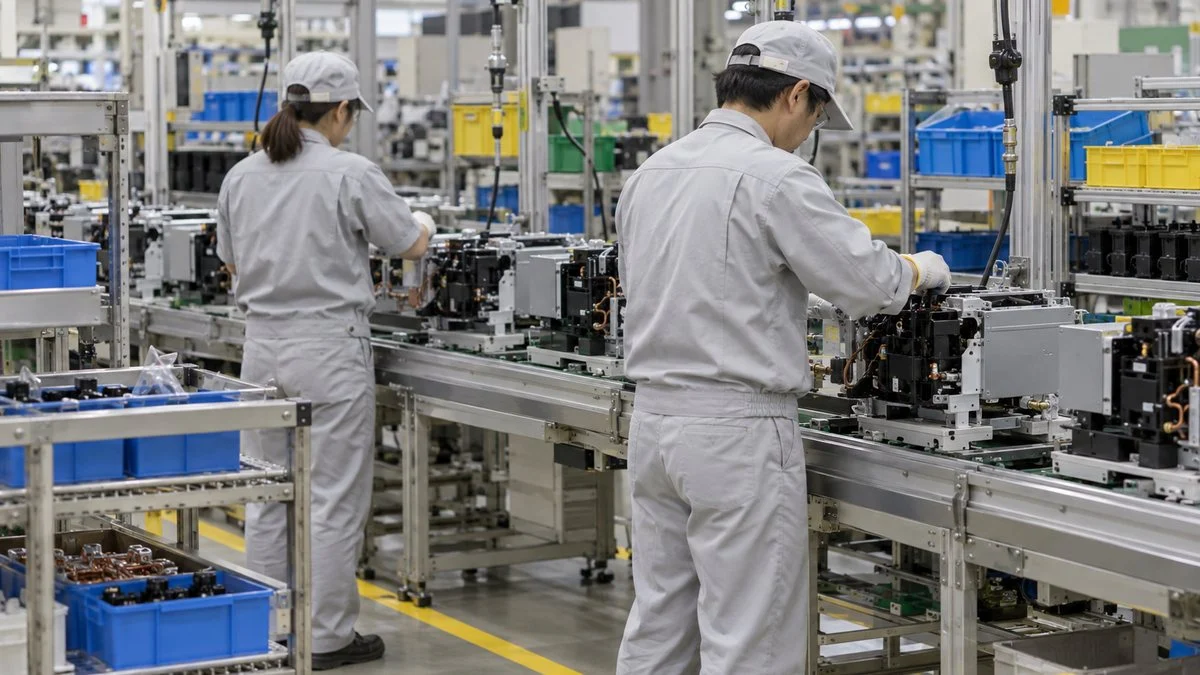日本の工場で作業者が部品を組み付ける組立ライン