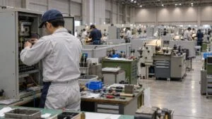 技能競技の会場で制御盤の配線に取り組む若い技能者の後ろ姿