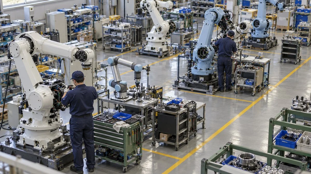 組立途中の産業用ロボットが並ぶロボット工場の組立セル
