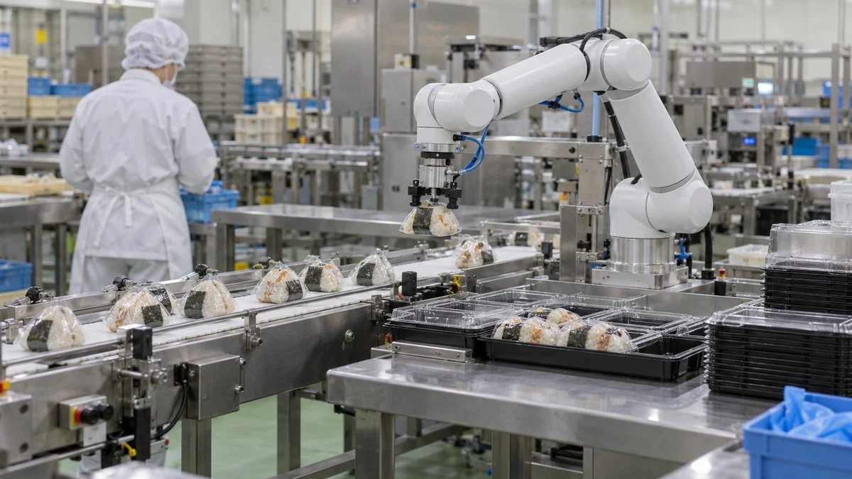 食品工場で包装済みの食品をトレーに並べる協働ロボット