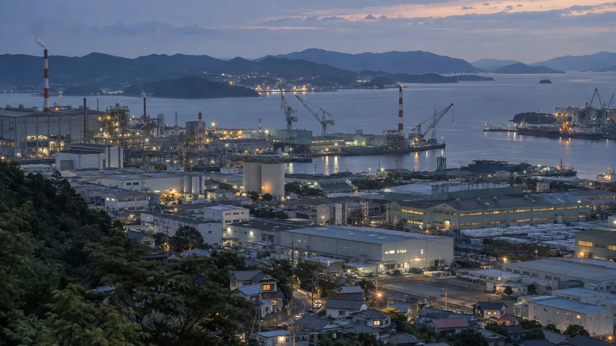 夕暮れの海沿いに工場や倉庫が並ぶ工業都市の遠景