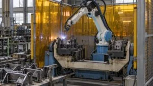 溶接セルで鋼製ブラケットをアーク溶接する産業用ロボット