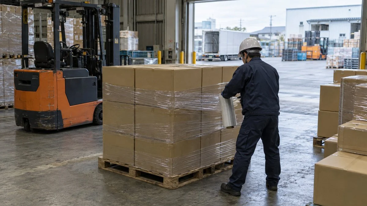 工場の出荷場で段ボール箱のパレットにラップを巻く作業